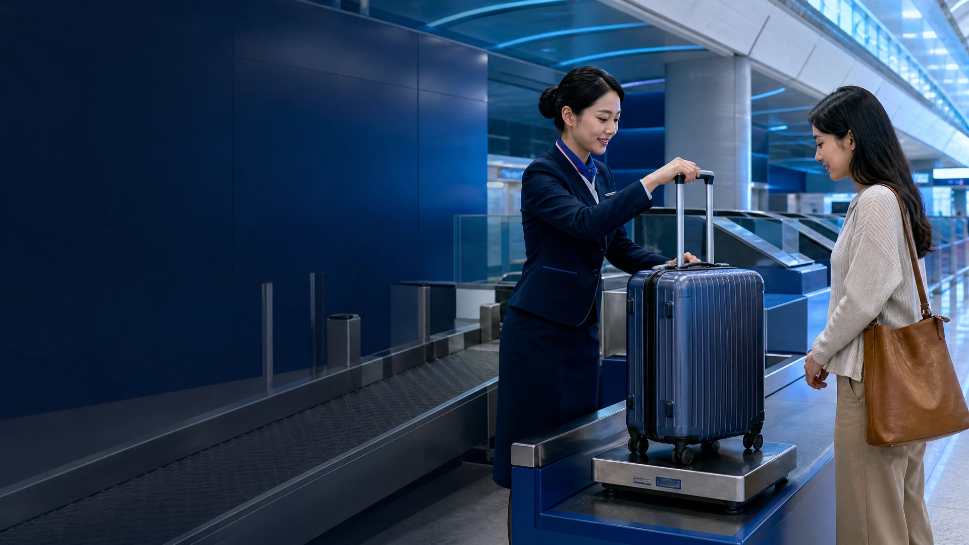 Nhân viên sân bay hỗ trợ hành khách tại quầy cân hành lý