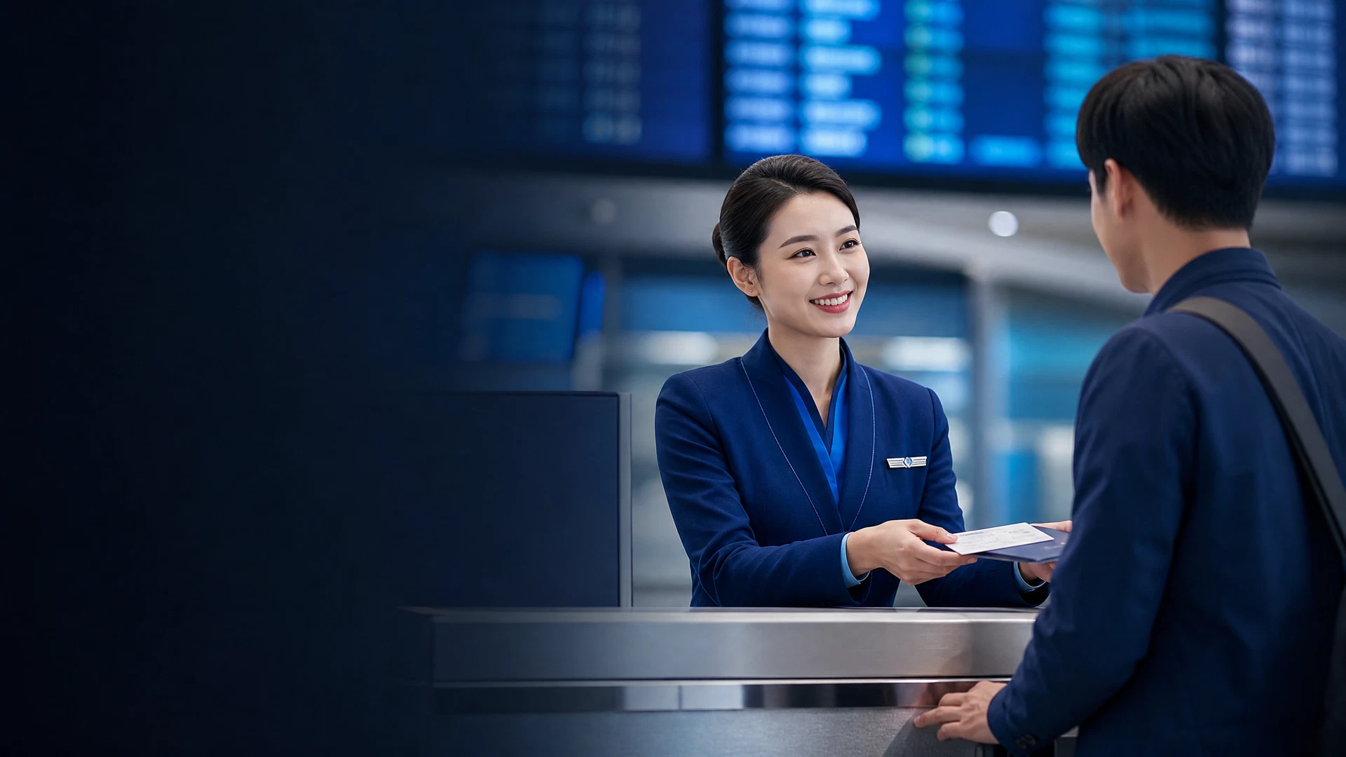 Nhân viên hỗ trợ hành trình tại quầy bán vé sân bay