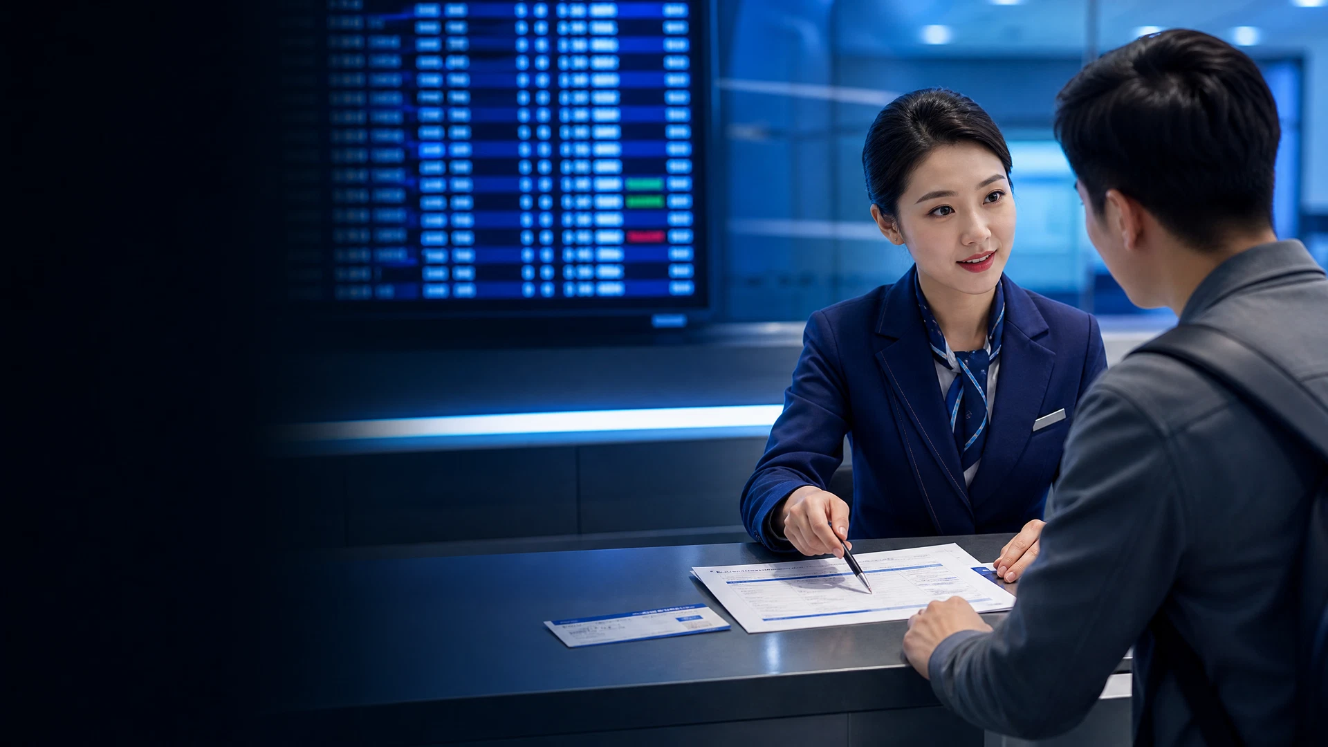 Nhân viên sân bay hỗ trợ hành khách đổi ngày vé